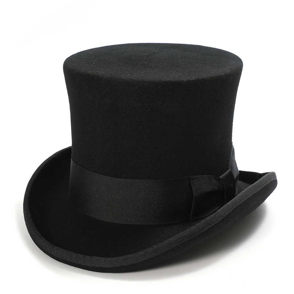 Luxury Wool Felt High Top Hat Men Satin Lined Cylinder Hat 18 cm Mad Hatter