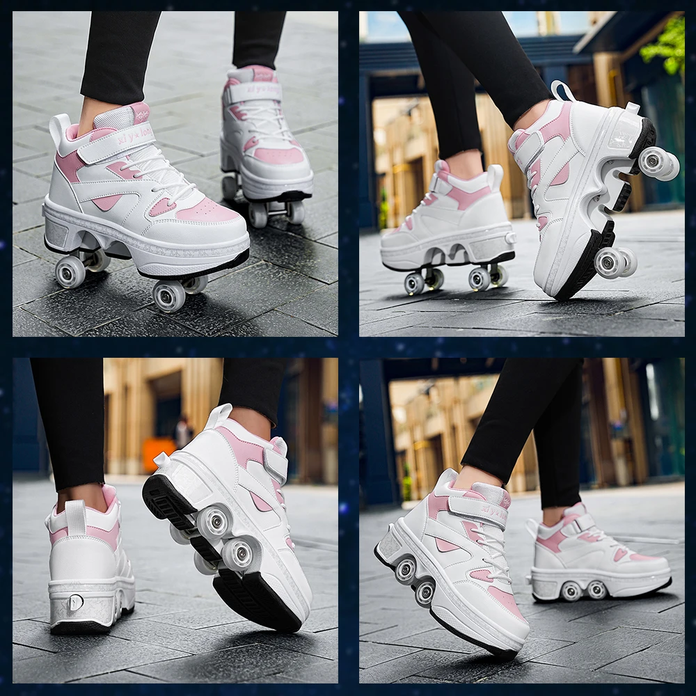 Scarpe da ginnastica pop-up unisex a doppio scopo con ruote Scarpe da pattinaggio casual a 4 ruote alte per donna