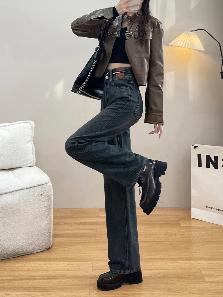 Thiened Fce Hoge Taille Wijde Pijpen Denim Jeans Dames Herfst Winter Losse Rechte Cut Vloerlengte Broek Afslankend effect