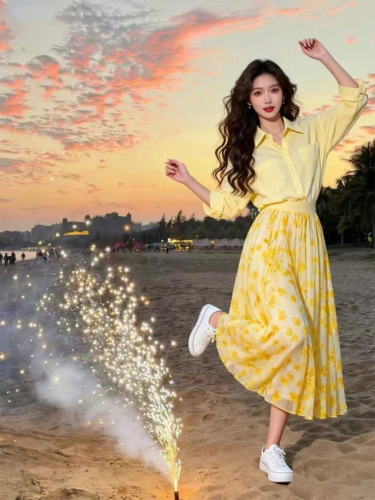 Dopamine  Yellow Shirt Long Sleeve Thin Summer Outerwear High Waist Slim Fit Floral Half Skirt Set Women's Commute Style...