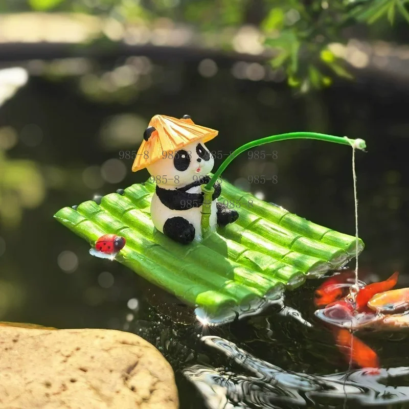 Floating Bamboo Raft Ornament Panda Fishing Mini Aquascaping Decor Fish Feeder For Courtyard Pond Water Tank Aquarium