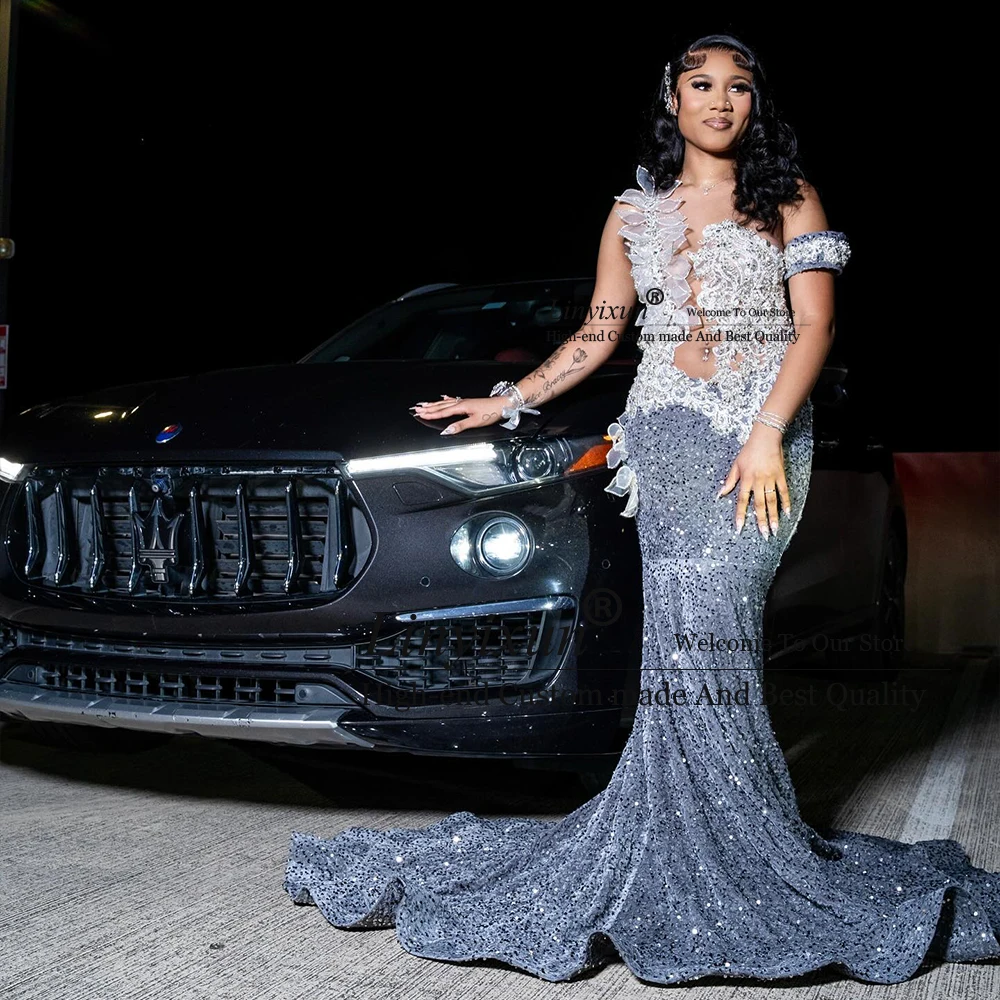 キラキラ 3D オーナメントウエディングドレス黒人ガールグリッタースパンコールマーメイドイブニングパーティードレスカスタマイズされたノースリーブローブ d'été ファム