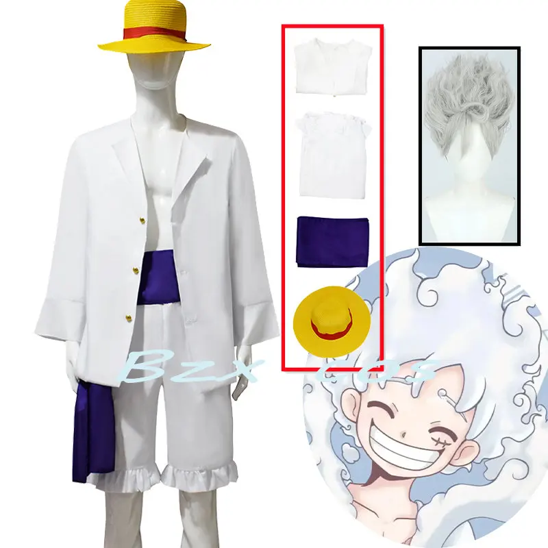 Costume de Cosplay de Luffy Blanc pour Adulte et Enfant, Tenue Anime Gear 5, Intérieur a Form, Ensemble Complet, Chemise et Pantalon, Perruques à Ceinture, Livraison Gratuite