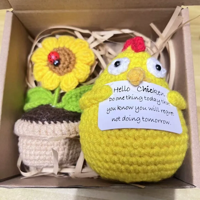 Vendita calda Divertente set di peluche all'uncinetto: pulcino, ape e tartaruga con fioriera di girasole, giocattoli lavorati a maglia fatti a mano e regalo decorativo