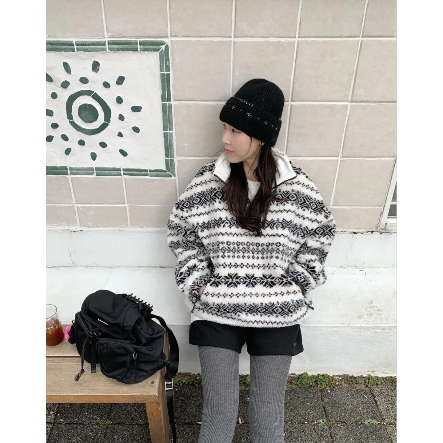 

Chic Winter High Ne Fair Isle Fce Thi Sweatirt Jaet Women's Faionable Versatile Lazy Top Korean Sle Streetwear