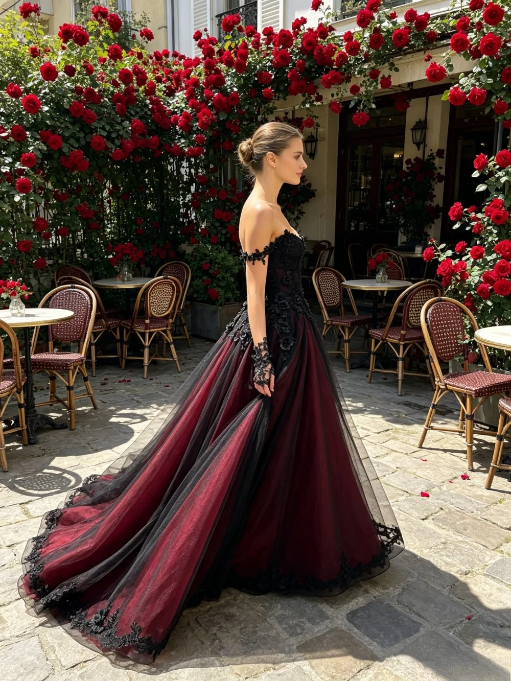 Customized Off Shoulder Burgundy Chiffon Wedding Dresses 2026 Gothic Lace Sleeveless Suspender Decal Bridal Gown Lace Up Back