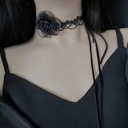 Camellia Flower Black Bow Choker for Women Neck Clavicle Necklace Lady Jewelry Accessories Girl Gift Lace Gothic