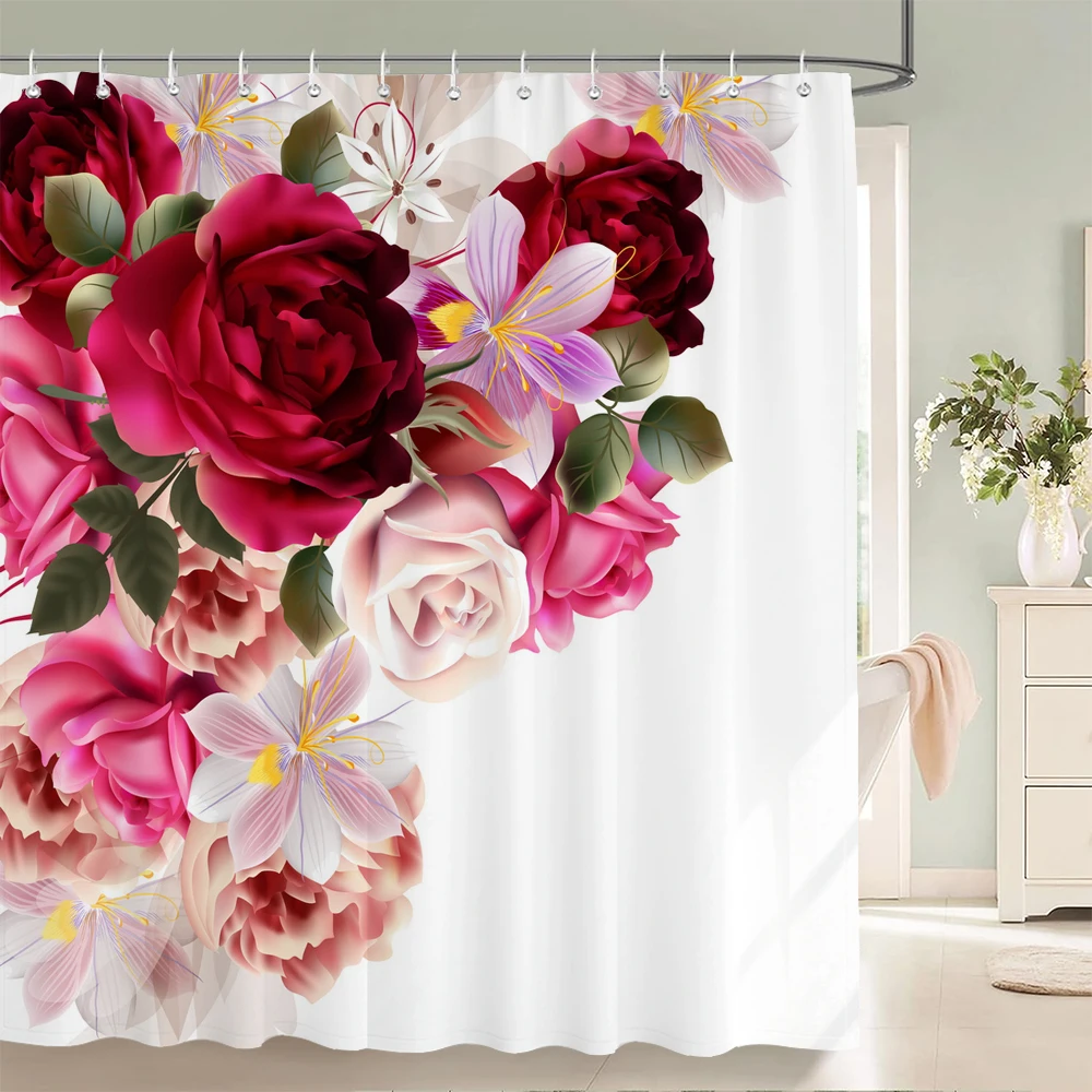 

Red Pink Rose Lily Floral Print Shower Curtain Waterproof Polyester Fabric Bathroom Curtain With Hooks Quick Dry Washable For Ba