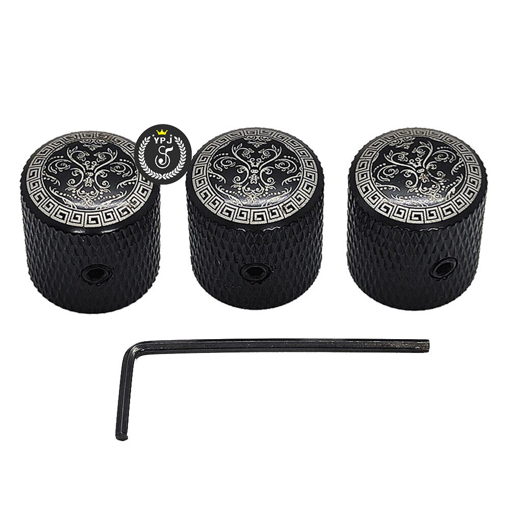 3pcs /Set For Electric Guitar Dome Metal Volume Tone Control Knobs Potentiometer Caps Tone Black With silver carving top