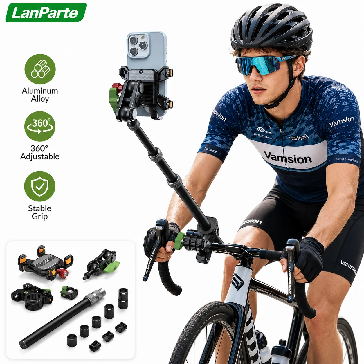 Bike Selfie Stick Mount Aluminum Alloy Phone Handlebar Holder Third Person POV Action Camera Mount for Cycling Vlog Riding