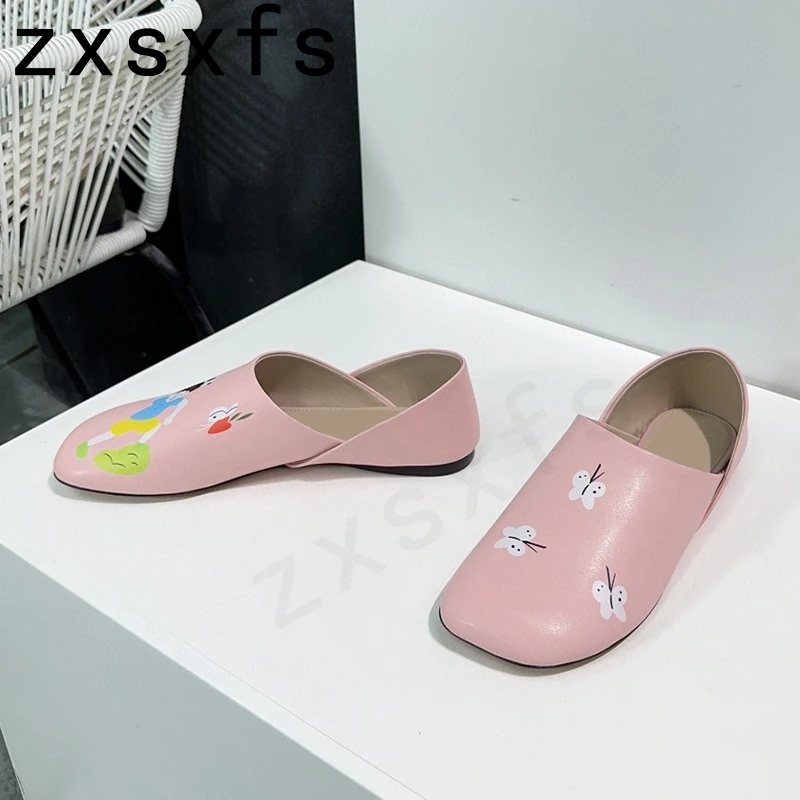 Zapatos planos de piel auténtica para mujer, calzado de punta redonda, tacón bajo, prendas de vestir de ocio, con lazo, color negro, 2024