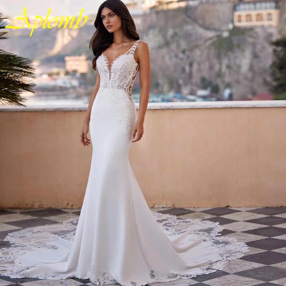 Personalizado boho branco cetim vestido de casamento elegante com decote em v sem mangas vestidos de noiva sonhador sereia tribunal trem novia