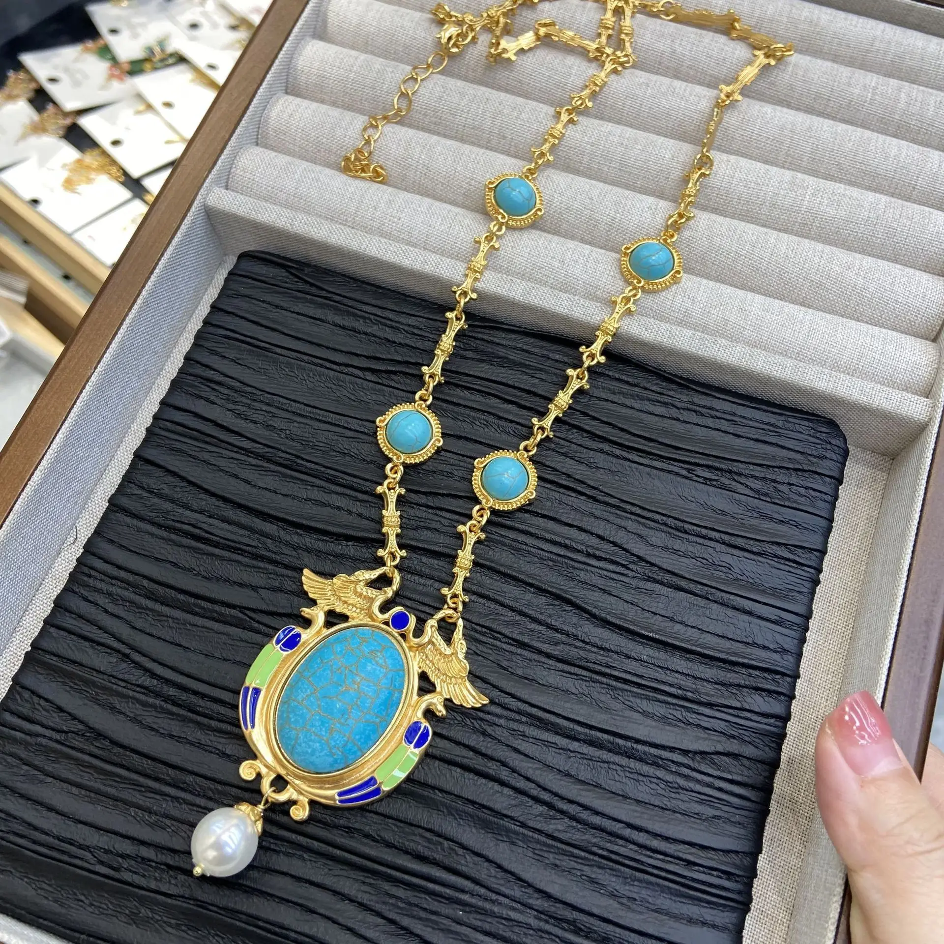 Women Enamel Color Blue Turquoise Necklace Galvanized Real Gold Pearl Drop Earrings 2024