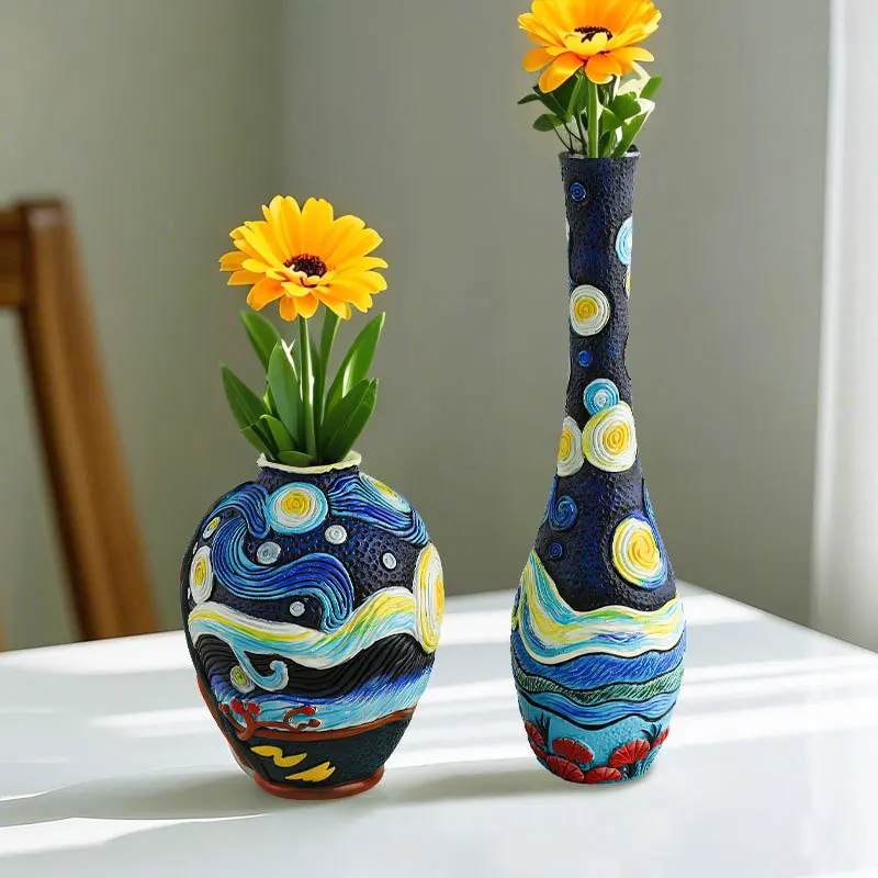 Van Gogh Inspired Starry Night Resin Vase Artistic Ceramic & Porcelain for Tabletop Flower Arrangement & Home Decor