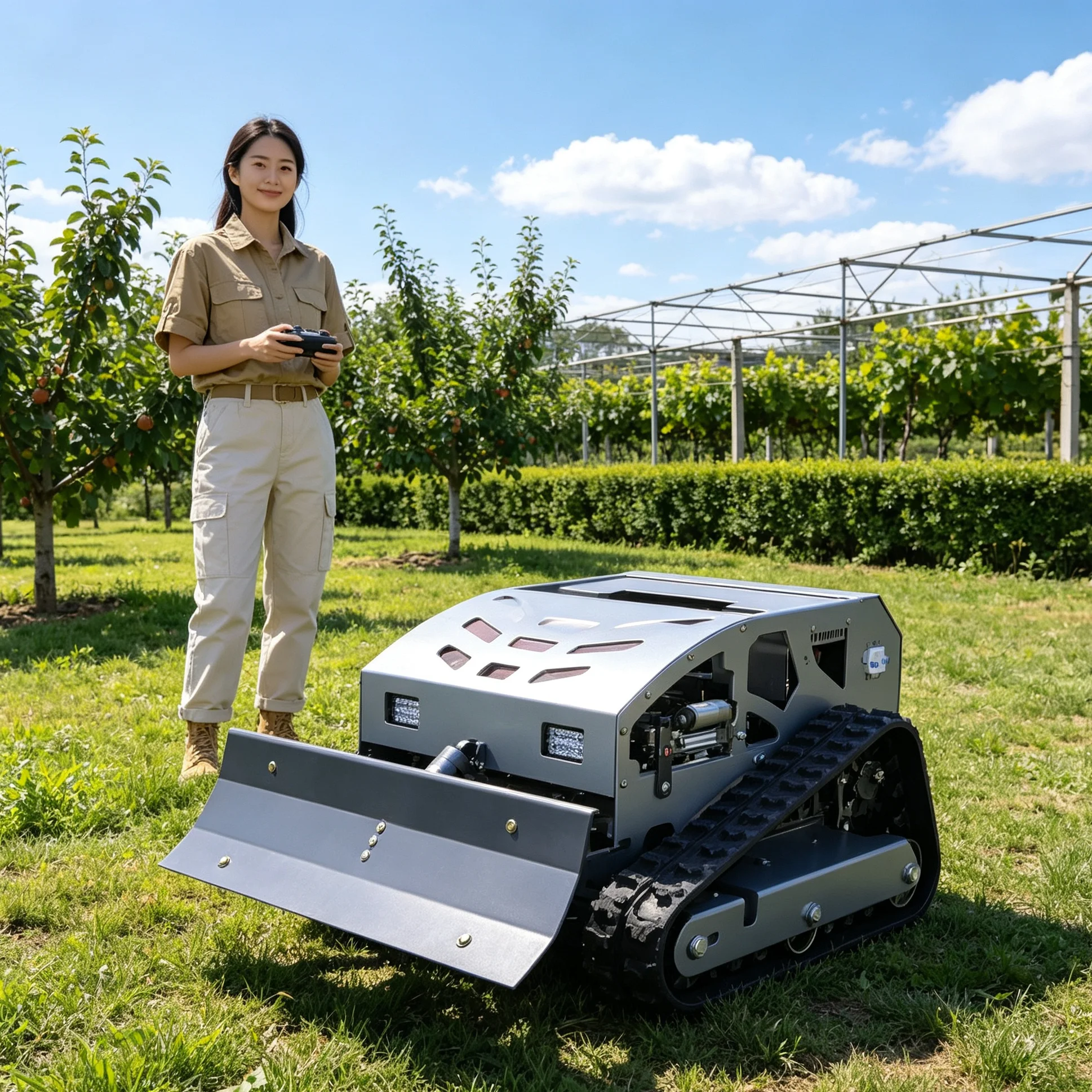 Customized for hilly vineyard slopes 550H tracked self‑propelled lawn mower, matching snow shovel assembly, anti‑rollover crawle