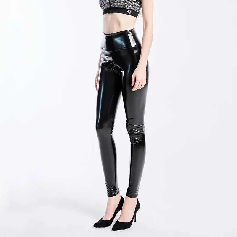 Sexy Bright PU Shiny Leather Pants Women High Waist Skinny Slim Leggings Pencil Jeggings Leather Stretchable Trousers Black Red