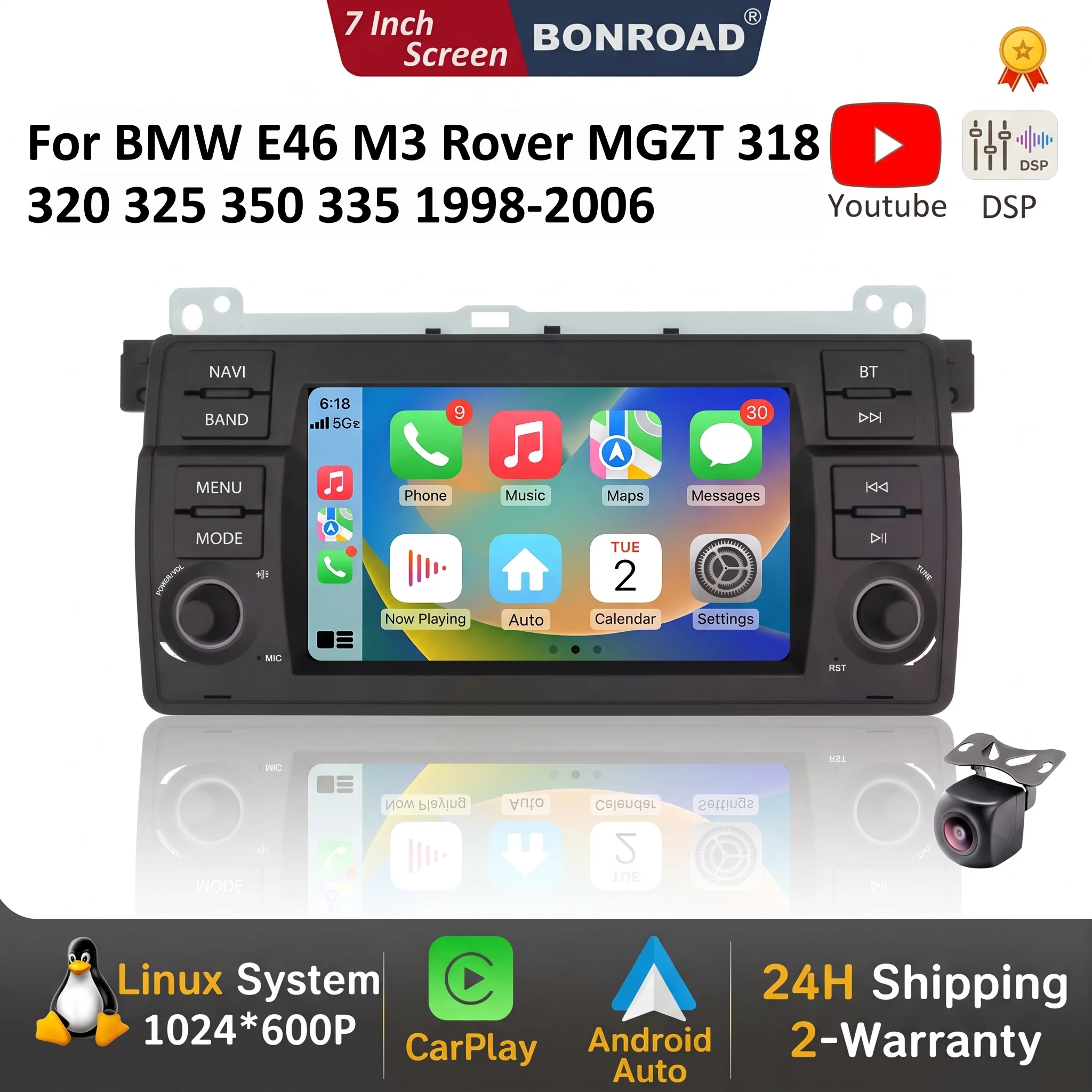 Bonroad 7'' Schermo Touch Linux Apple Carplay Android Auto per BMW E46 M3 Rover MG ZT 318 320 325 350 335 1998-2006 Sistemi Intelligenti 2 Din Autoradio Unità Principale