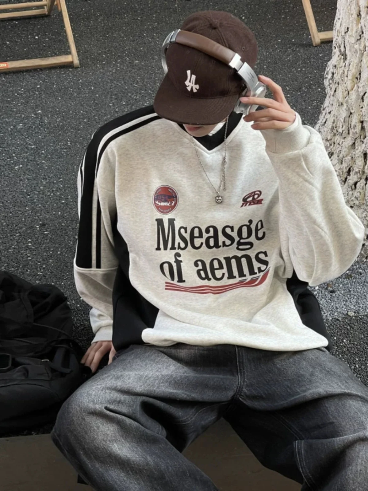 

American Retro Campus Sle round Ne Sweatirt Men's Loose Casual Loose Headwear Spring Autumn Motorcycle Trendy High Street