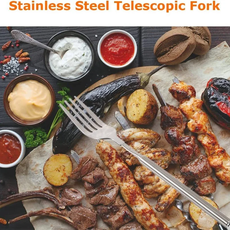 Extendable Forks Adjustable Telescopic Fork Stainless Steel Long Fork Spoon Retractable Dinner Fork for Fruit Dessert BBQ