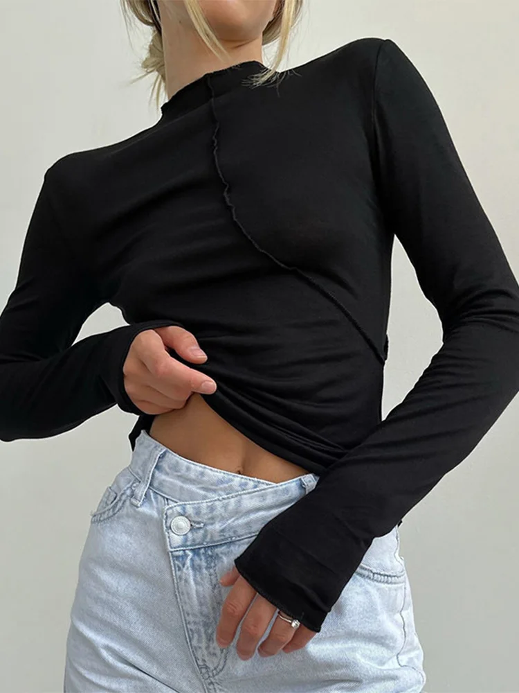 2024 Turtleneck Y2K Long Sleeve T Shirts Women White Autumn Winter Casual Black Basic Gray Sexy Tops 90s Fashion Vintage