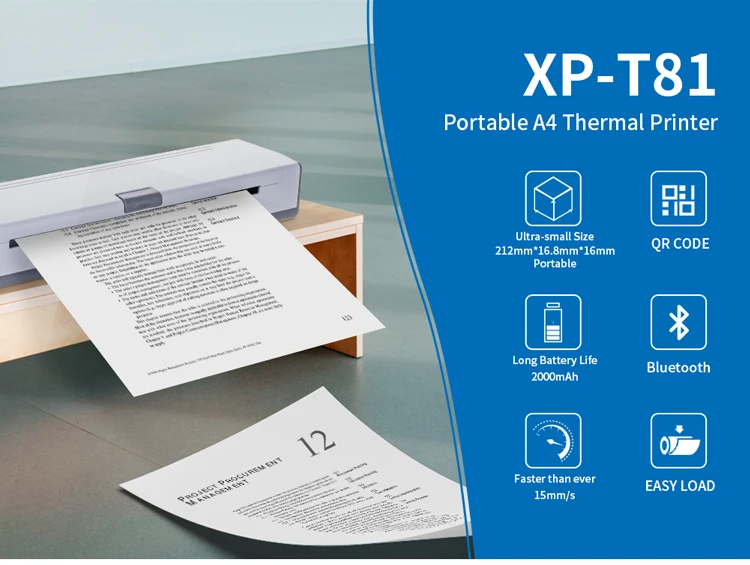 300Dpi XPrinter XP-T81 A4 mini Printer Bluetooth Wireless A4 Thermal Printer for office home printing