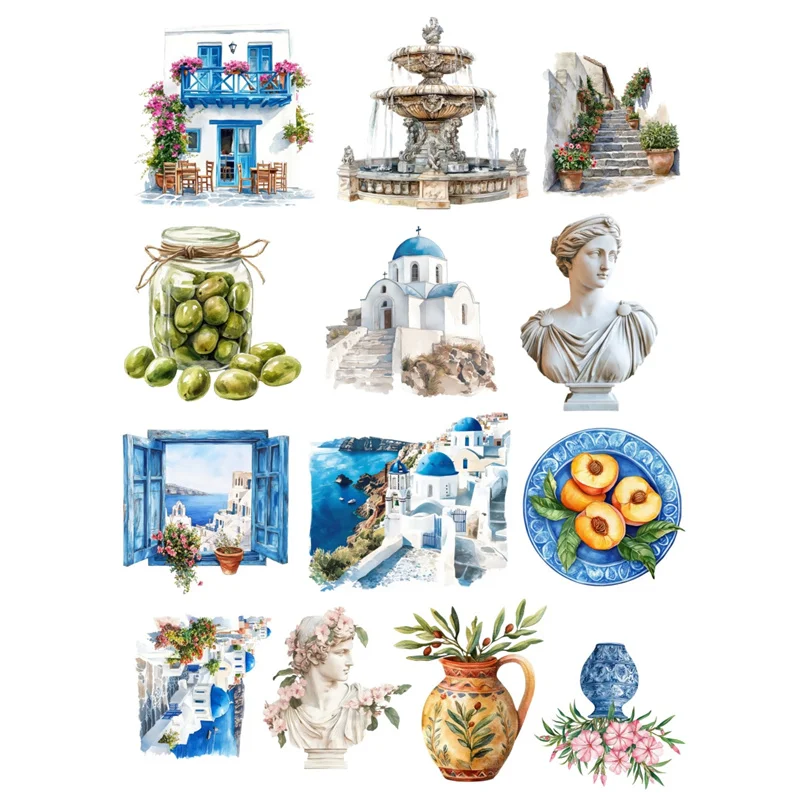 13pcs Watercolor Greek Landscape Stickers Hand Account Diary Album Mobile Phone Notebook Decoration Paste Crayon Line Stationery