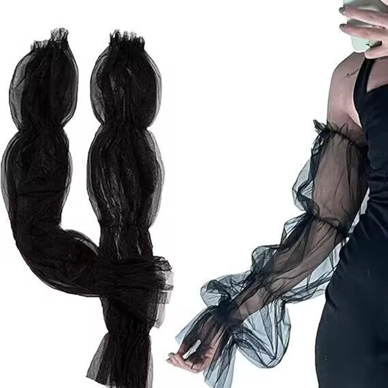 Picture 7: Lace Mesh Wedding Detachable Bubble Arm Sleeves Sheer Tulle Puff Long Gloves Wedding Bridal Party Dress Costume Accessories