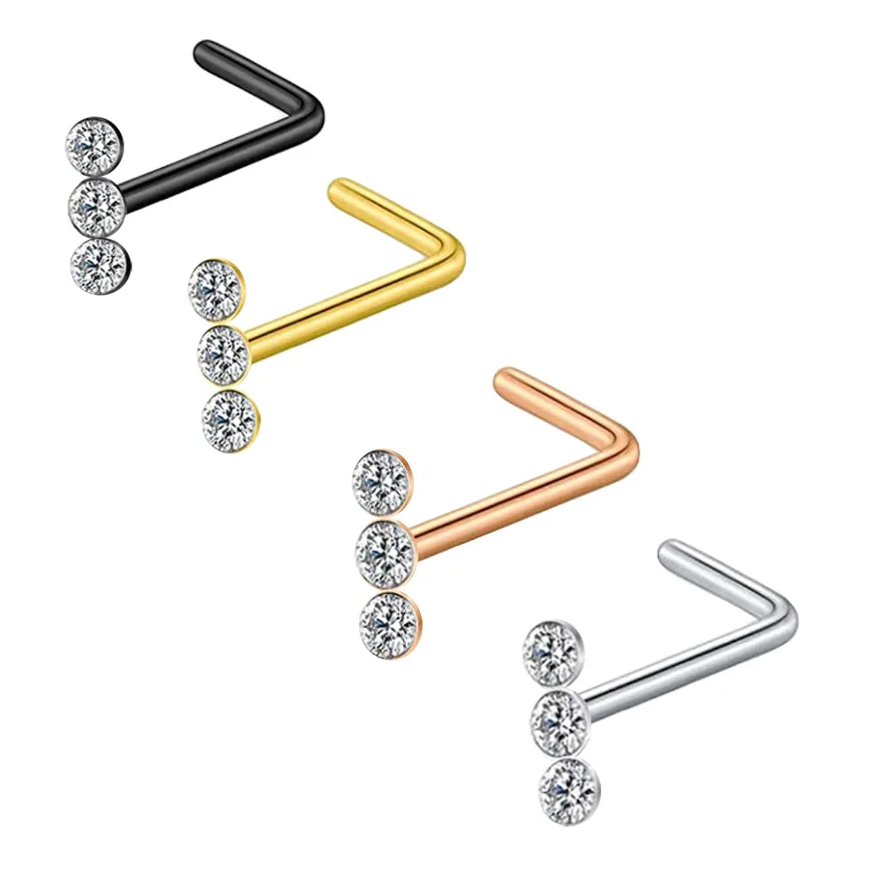 0.8*7mm Mixed Stainless Steel Zircon Nose Stud Corkscrew Nose Rings Body Piercing for Women