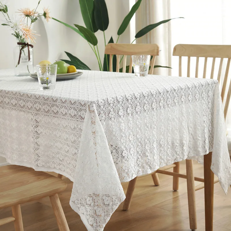 Pastoral Vintage White Tablecloth Fabric Cotton Thread Lace Decoration Table Cover Towel Campsite Party Wedding Tablecloths