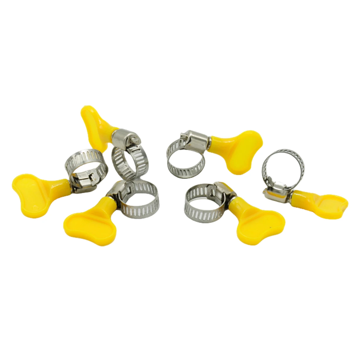 1 5 10PCS Adjustable 8-44mm 201 Stainless Steel Pipe Clips For Tube Yellow Plastic Handle Hand Twist Hose Clamps Worm Driving