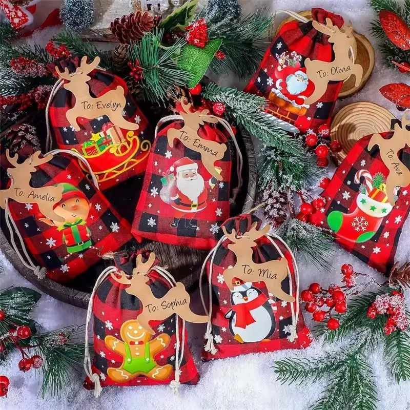 

New 12pcs Merry Christmas Drawstring Gift Bags - Linen Candy Packaging Pouch, Kids Party Favor & New Year Storage Bags