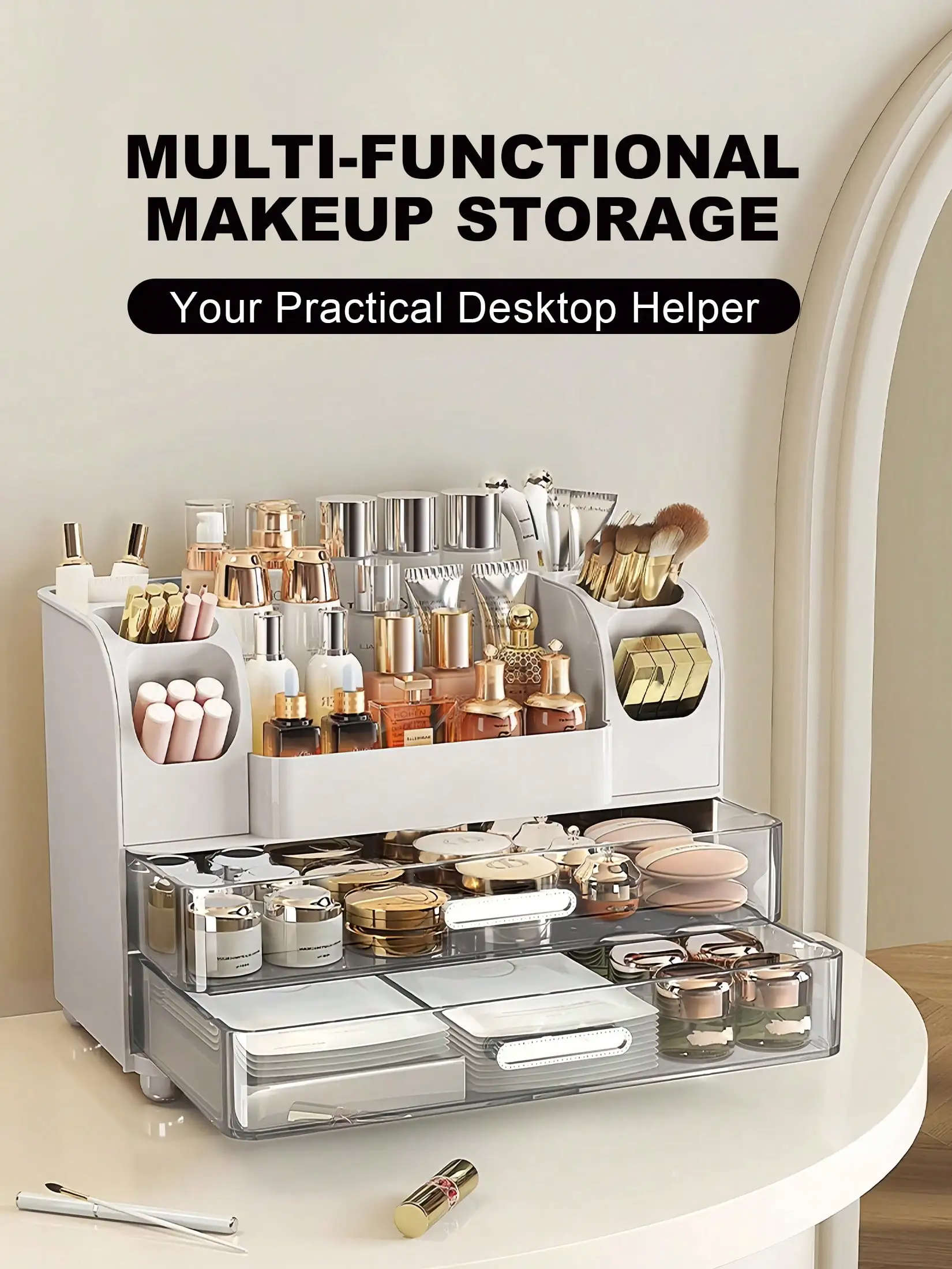 Makeup Organizer with 2 Large Drawers & Brush Holders, Large Capacity Cosmetic Display Case for Vanity, Bathroom Countertop & Desk, White Skincare Storage