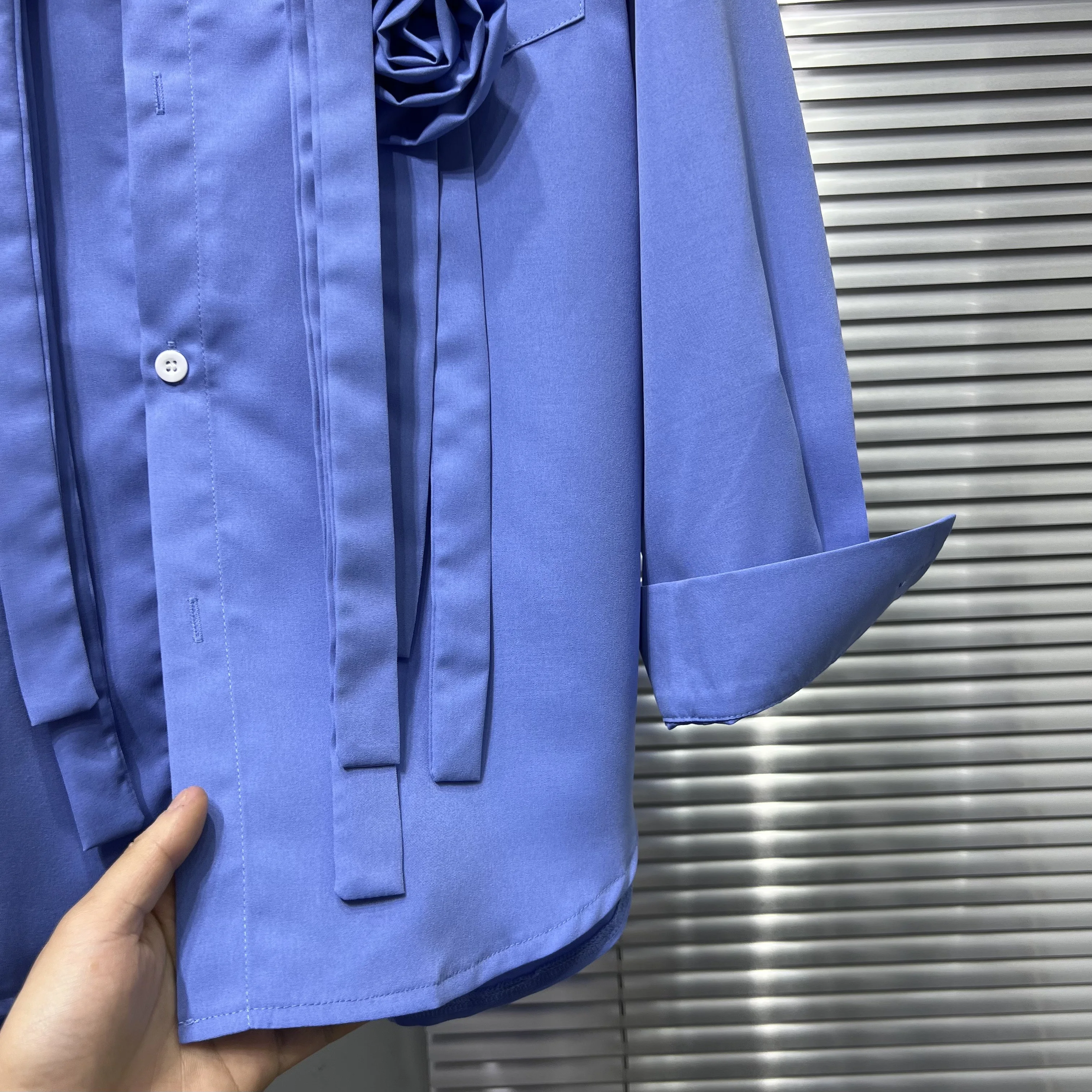 Stylish Tops Three-dimensional Flower Ribbon Splicing Niche Handsome Shirts Men's 2025 Fashion High-end Trendy Solid Color Shirt