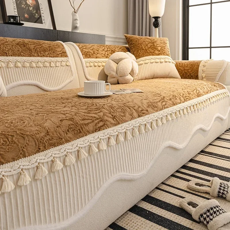 3D Rose Velvet Sofa Cushion Winter Thick Anti Slip Sofa Cover Towel Light Luxury One-piece Splicing Tassels Modular Sofa Cover