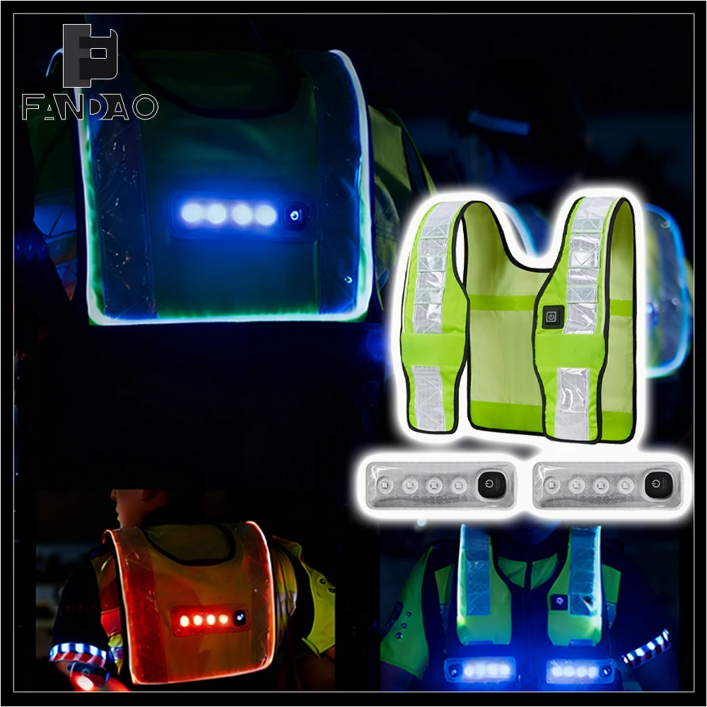 Tactical Warning Light Safety Vest Red Blue Flashing Self-Illuminating Reflective Cape Shoulder Chest Light for Night Running