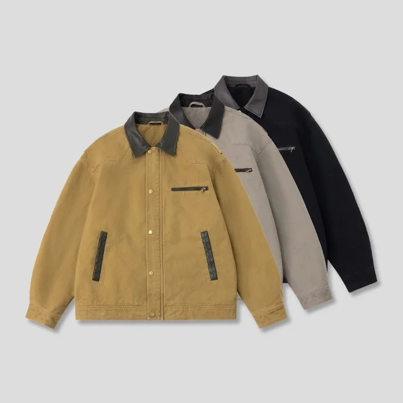 2026 Spring New American Retro Heavy Industry Washed Jacket Men's Lapel Top Contrasting Casual Tooling Jacket
