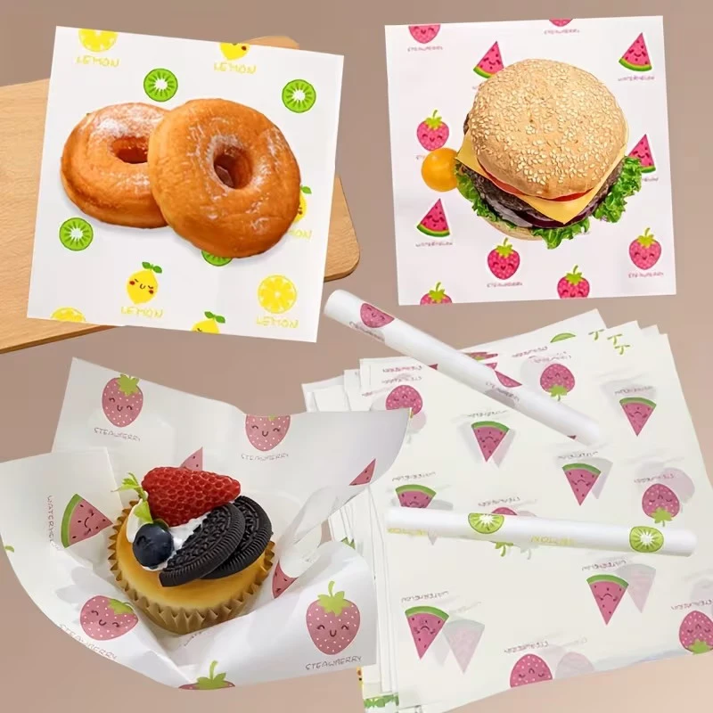 

50Pcs Food Grade Baking Wax Paper Strawberry & Floral Patterned Paper Squares Non-Stick Cake Burger Chips Wrapping Papers