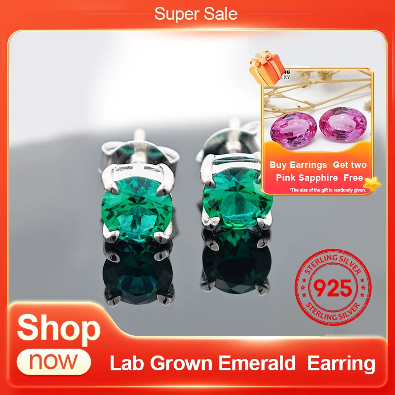 

ChuPing Fine Jewelry Lab Grown Emerald Round Shape S925 Silver Earring for Women Evening Party Valentine's Day Or Birthday Gift