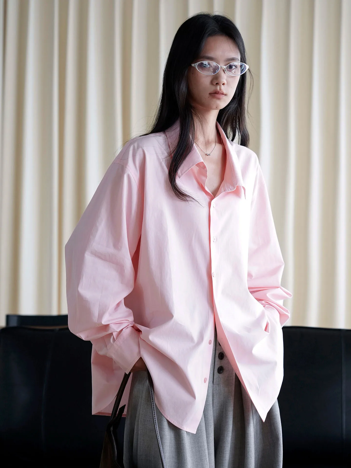 Autumn new casual solid color lapel long sleeved loose long shirt