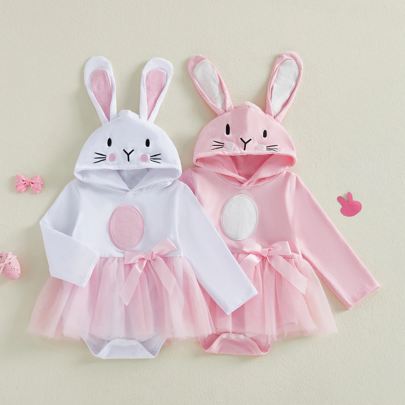

Пасхальный комбинезон с капюшоном для маленьких девочек, удобный комбинезон с длинными рукавами и украшением в виде банта, комбинезон с ушками кролика, платье для праздничной повседневной носки