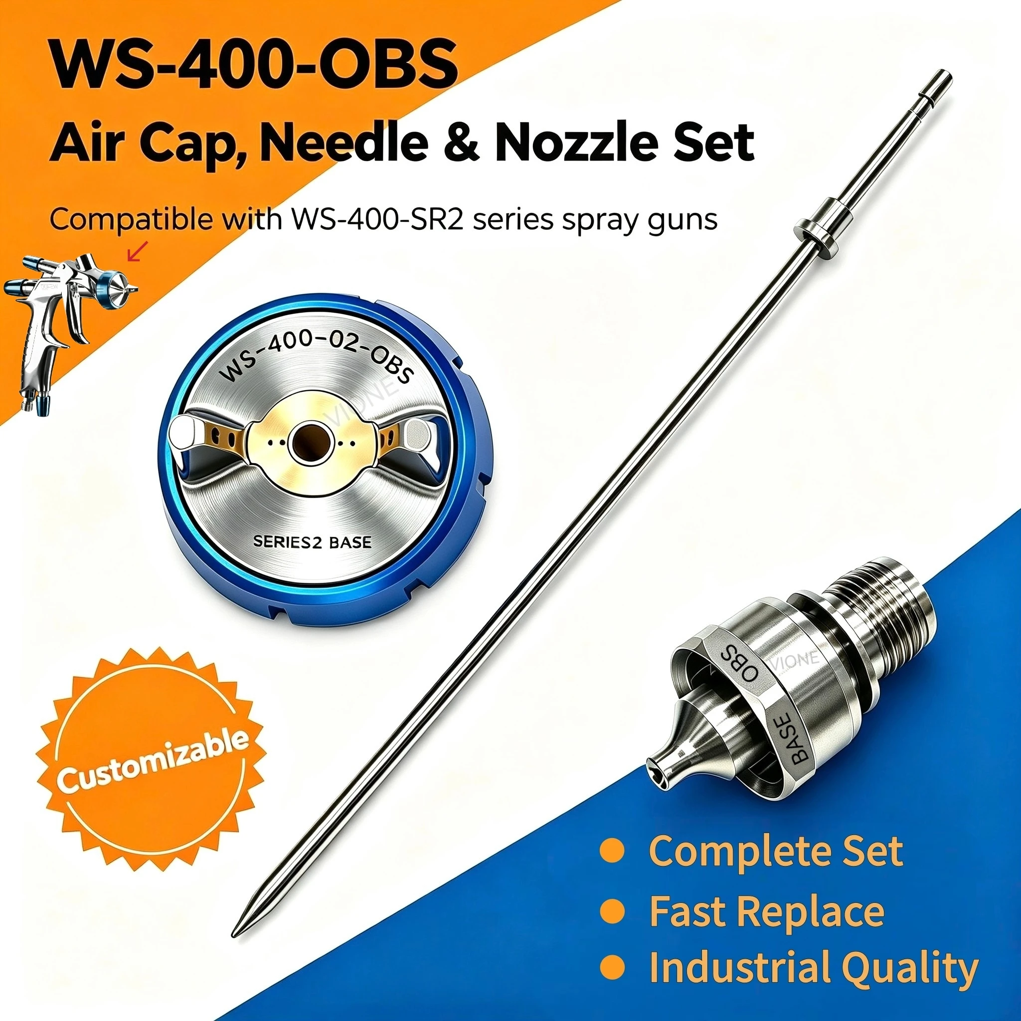 Japan WS-400-OBS Air Cap, Needle, and Nozzle Complete set of accessories Compatible with the WS-400-SR2 series spray gun