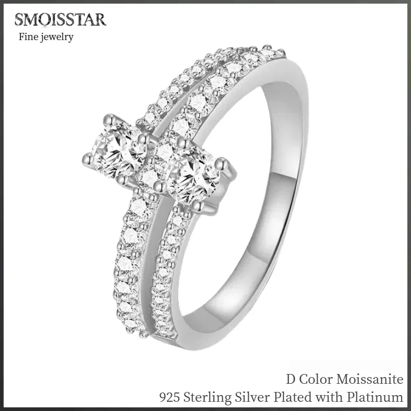 

SMOISSTAR Double Row Moissanite Ring 925 Sterling Silver, Bridal Engagement Rings Fine Jewelry GRA Certification