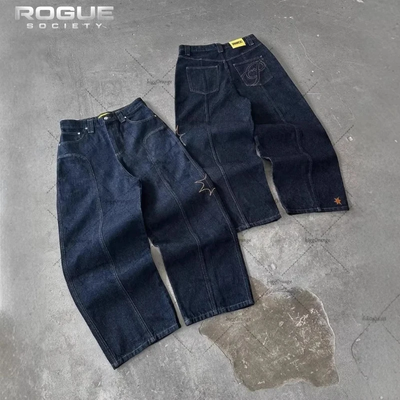 Streetwear Hip Hop Harajuku Retro Baggy Jeans Men Star Embroidered Loose Wide Leg Denim Pants Unisex Y2K Vintage Street Trousers