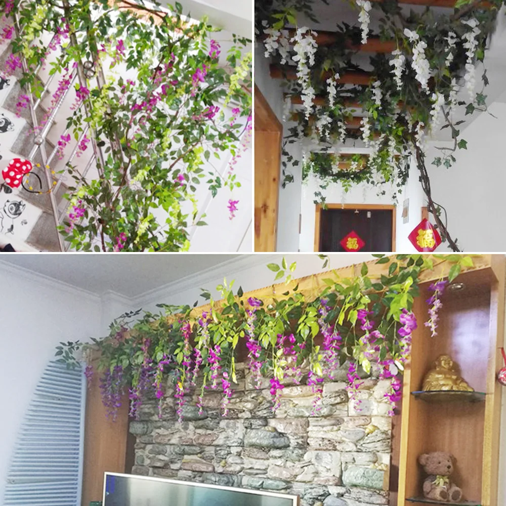 2/4Pcs Wisteria Vine 7ft Faux Flowers Silk Wisteria Garland Artificial Wisteria Vine Rattan Silk Hanging Flower for Home Garden