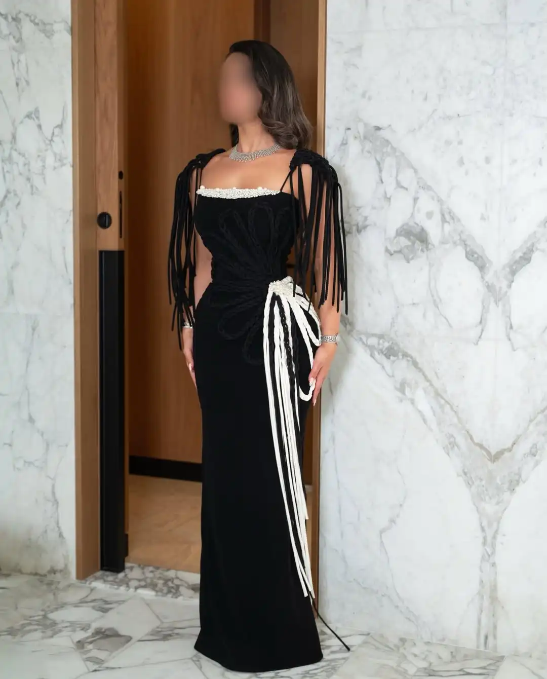 Oisslec Black Strapless Sleeveless Fringe Applique Party Mermaid Evening Gown Backless Floor Length Formal Prom Dresses