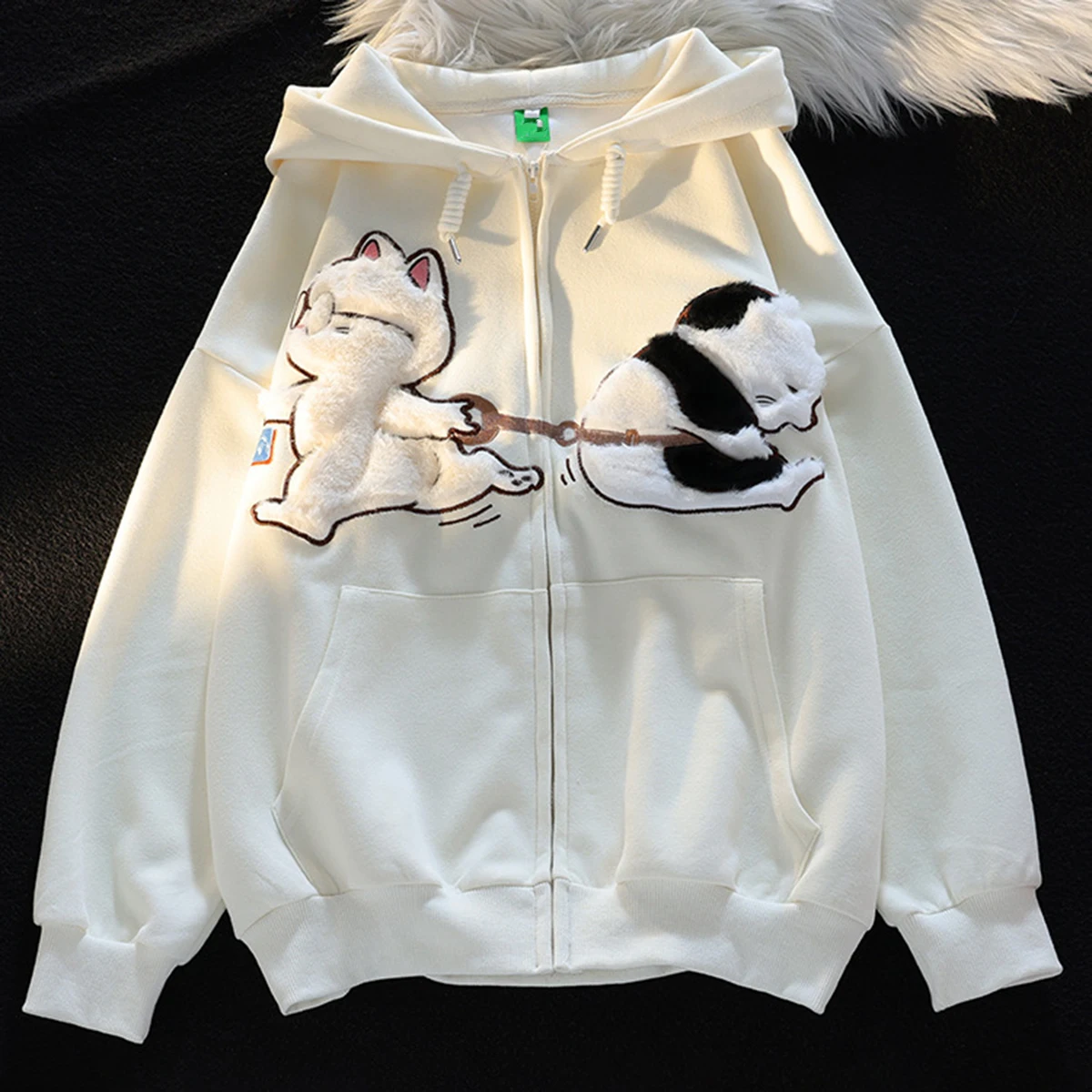2024 Fashion Couples Clothes Hooded Coat Autumn Winter Cat Embroidery Cartoon Print Zip Up Hoodies Streetwear Women Man Tops