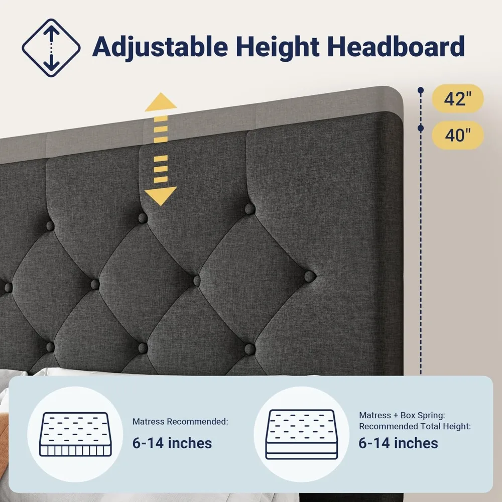 إطار سرير منجد بحجم كوين مع 4 أدراج تخزين ولوح رأسي، وزر مخيط بالألماس معنقدة