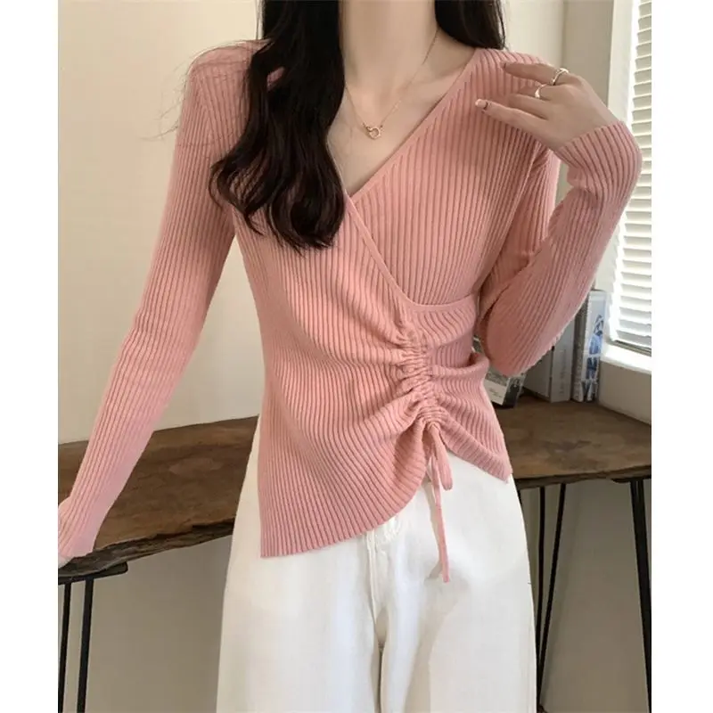 Irregular Design V-neck Knitted Sweater for Women with a Niche and Unique Style, as Well as a Base Sweater and Drawstring Top