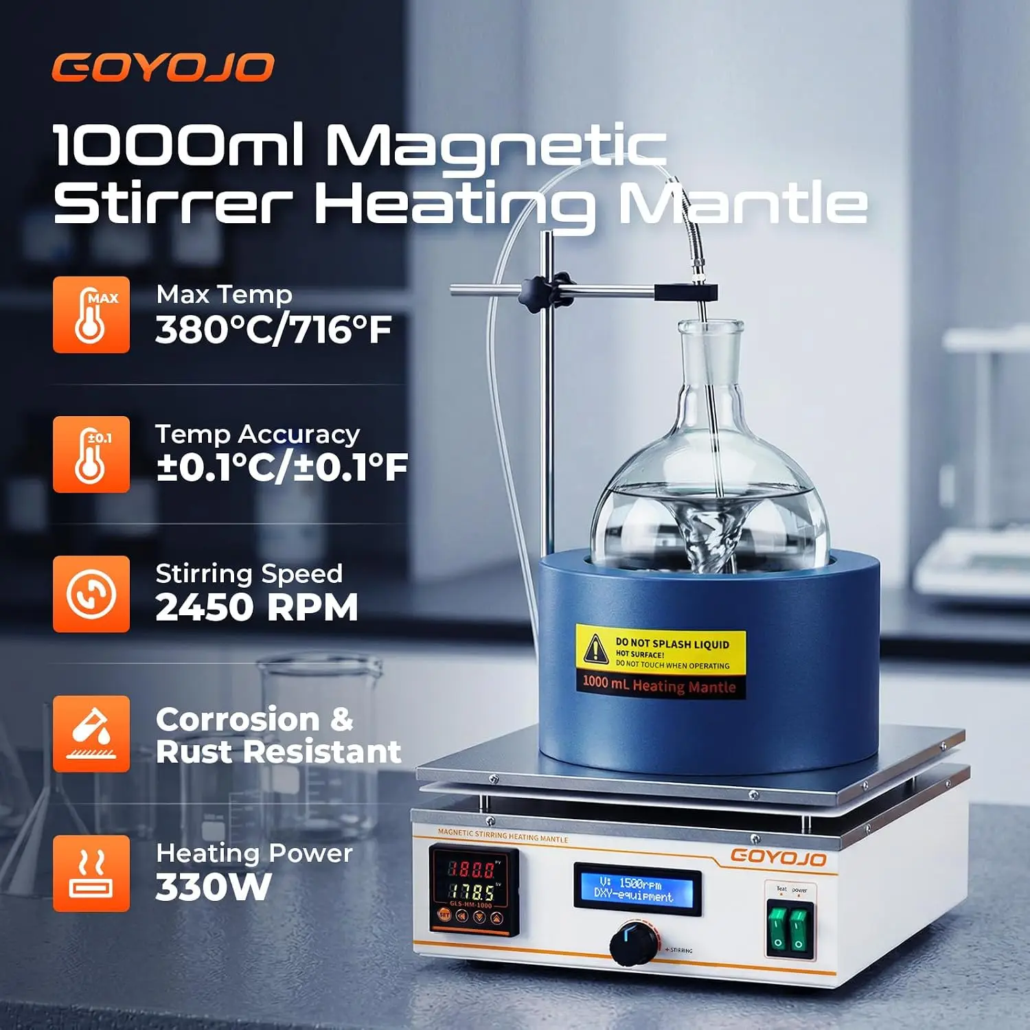 Lab Heating Mantle with Magnetic Stirrer, 1000ml Heating Mantle 330W, 2450 RPM, 0-380°C, 9999-Min Timer, 110V 220V