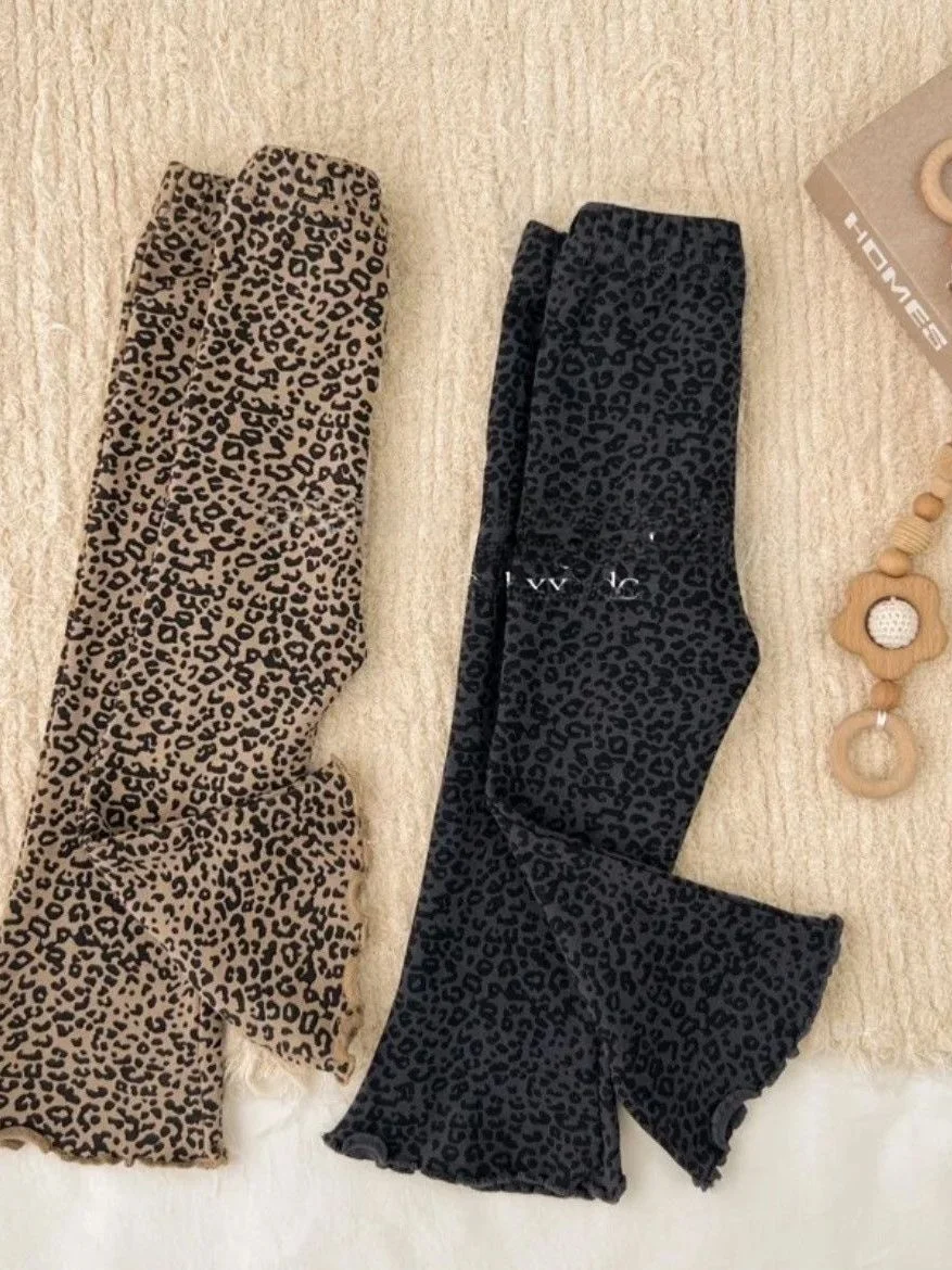 Girls High Waist Slim Fit Leopard Print Micro Flared Pants Long Trousers Autumn 2026 New Style Base Layer Pants for Kids